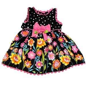 Youngland Baby floral dress black pink bow polka dot cotton size 6-9 months